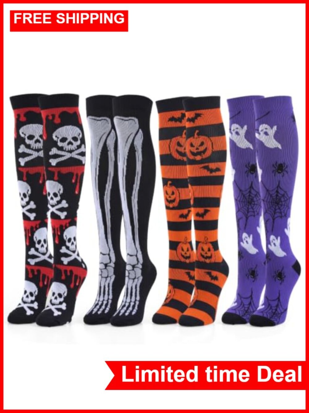 4 Pairs Halloween Compression Socks Women 20-30mmHg Seamless Knee High